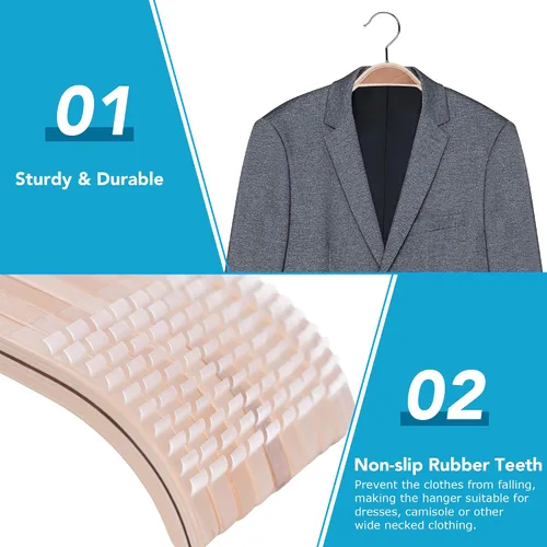 Vista 8 de JS Hanger Perchas de madera ligeras antideslizantes – Paquete de 10 perchas de madera resistentes con rayas suaves para camisola, chaqueta, ropa