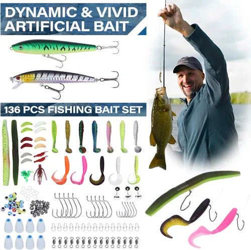 Vista 9 de Mochila de pesca con cajas de aparejos, bolsa de hombro impermeable para equipo de pesca, bolsa de pesca con kit de 136 piezas de señuelos de pesca