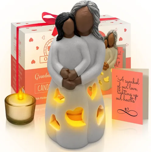 Estatua de Portavelas Pintada a Mano Abuela-Nieta con Vela LED Parpadeante | Ideas Únicas de Regalo de Nana para Navidad, Regalo de Cumpleaños de