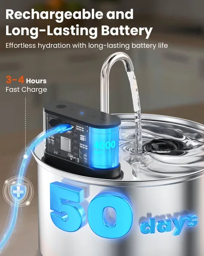 Vista 5 de Fuente de agua inalámbrica para gatos de acero inoxidable con sensor de 3.5L/118 onzas, funciona con pilas, dispensador de agua automático
