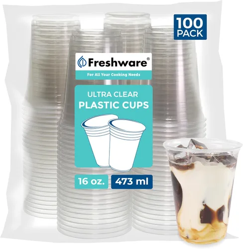 Vista 7 de Freshware Vasos de plástico desechables transparentes de 12 onzas con tapas planas y popotes, paquete de 100 vasos de plástico transparente, vasos