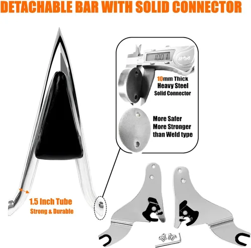 Vista 5 de Barra cromada desmontable para respaldo del pasajero para Harley Davidson Touring modelos 2009-2025 Street Glide Road Glide Electra Glide Road King