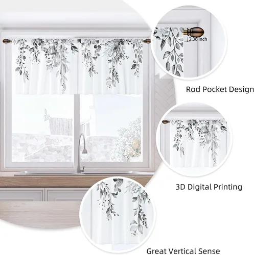 Vista 7 de Cortina de eucalipto negro y gris, cenefa para tratamiento de ventana, estilo bohemio, rústico, floral, bolsillo para barra, cortinas de ventana