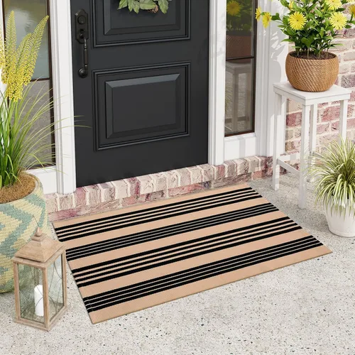 Vista 17 de Alfombra de exterior a rayas blancas y negras, 2 x 3 pies, de algodón, moderna, tejida a mano, reversible, para porche, puerta de bienvenida