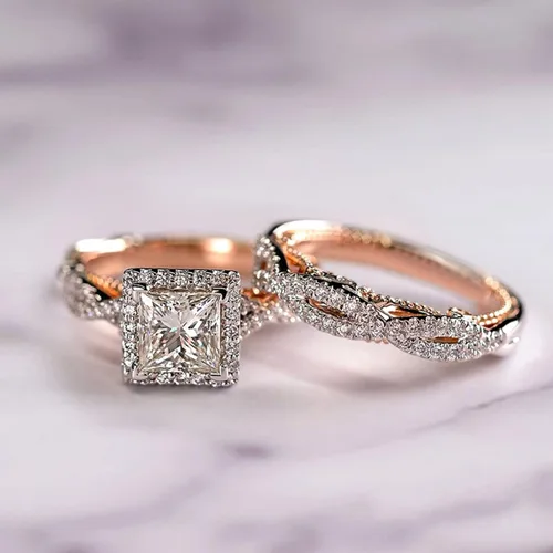 Vista 7 de Engagement rings for couples set,3 pc His and Her Wedding Ring Set, Hypoallergenic Rose Gold Ring Set, Cubic Zirconia Bride Promise Rings Set