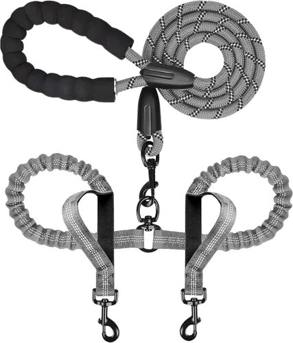 Vista 7 de Correa doble para perro para dos perros, resistente ajustable sin enredos, correa elástica retráctil dividida múltiple para caminar a 2 perros, 5.5