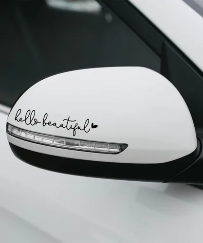 Vista 6 de RACOONA Calcomanía para espejo retrovisor, calcomanía Hello Beautiful, accesorios de coche, calcomanía para espejo retrovisor (negro)