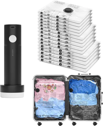 Vista 12 de SUOCO Bolsas de almacenamiento al vacío para viajes con bomba recargable, 8 pequeñas bolsas de sellado de compresión para maletas de equipaje