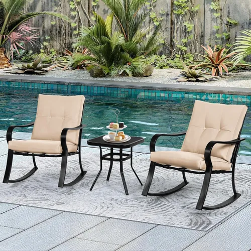 Vista 2 de Incbruce Juego de 3 sillas mecedoras para patio al aire libre, juego de 2 sillas de conversación para porche con mesa de centro con tapa de vidrio