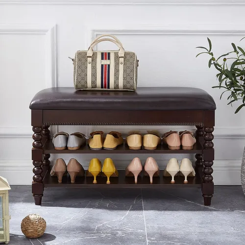 Vista 4 de LKZ Banco de almacenamiento de zapatos, banco de zapatos de madera maciza con asiento acolchado de cuero de microfibra para pasillo, entrada, sala