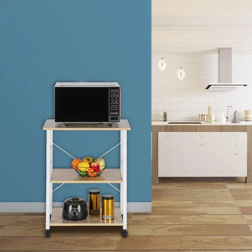 Vista 12 de Estante de cocina para panadero, carrito de microondas, carrito de cocina rodante de 3 niveles con ruedas, carrito de café con estante