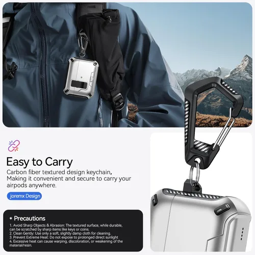 Vista 6 de Funda para AirPods Pro 2 (2023/2022/2019) con soporte para teléfono, (con interruptor automático a presión), diseño de fibra de carbono, cubierta
