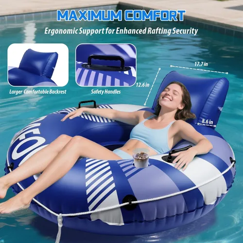 Vista 2 de Pool Float Adult, Inflatable River Tube Float, River Tubes for Floating Heavy Duty with Mesh Bottom, Comfortable Backrest & 2 Cup Holders & Durable