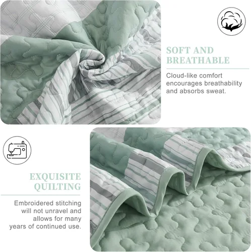Vista 6 de DJY Juego de edredón a rayas tamaño Queen, juego de colcha bohemia verde salvia de 3 piezas, juego de ropa de cama acolchada de microfibra suave