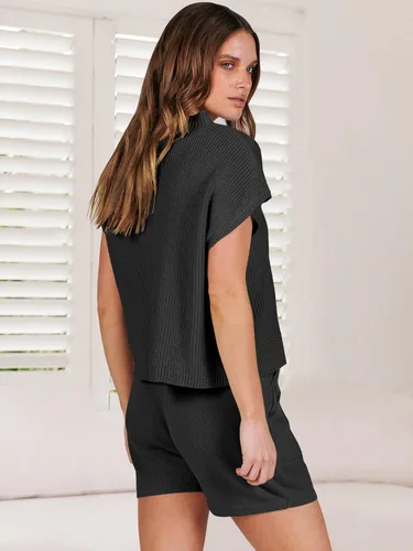 Vista 4 de ANRABESS Conjunto de dos piezas para mujer, suéter corto, suéter y pantalones cortos, conjunto de ropa de descanso