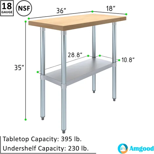 Vista 3 de AmGood Mesa de trabajo superior de madera de arce con estante inferior ajustable (36 pulgadas de largo x 18 pulgadas de profundidad)