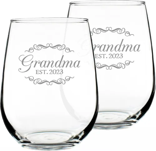 Vista 23 de Custom Grandma Est 20XX - New Grandmother Stemless Wine Glass Gift for First Time Grandparents - Personalized Decorative 17 Oz Large Glasses