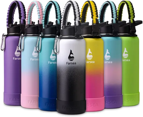 Vista 21 de Botella de agua Farsea aislada con asa de paracord, protector y 2 tapas (tapa de pajita y tapa de boquilla), de acero inoxidable, boca ancha, doble