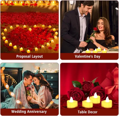 Vista 3 de 3000 pétalos de rosa artificiales con 20 velas LED sin llama para decoración de noches especiales y románticas, aniversario de boda, evento