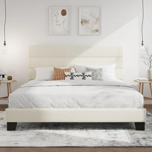 Vista 24 de SHA CERLIN Base de cama de plataforma completa con cabecera de tela tapizada, base de colchón con fuerte soporte de listones de madera, no necesita