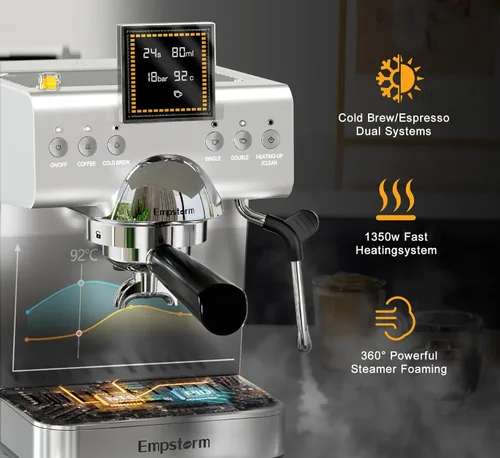 Vista 3 de Empstorm Cafetera Espresso 20 Bares con Espumador de Leche de Vapor, Cafetera Espresso de Acero Inoxidable con Pantalla LED Cafetera para Café