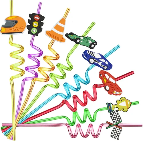 Paquete de 24 popotes reutilizables para autos de carreras, regalos de fiesta para niños, cumpleaños, rally rápido, suministros de fiesta de