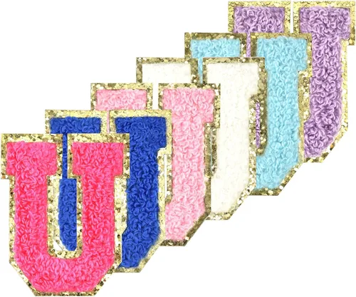 Vista 27 de 6 piezas de parches de letras de chenilla autoadhesivas con purpurina para planchar, parches de letras universitarias estilo preppy, letras difusas