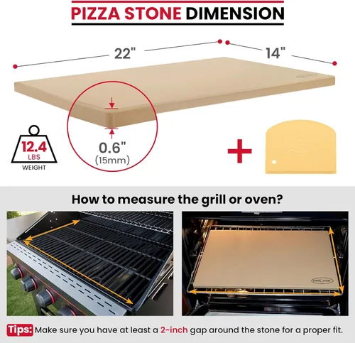 Vista 2 de Unicook - Tabla de piedra para pizza extra grande de 22 pulgadas para horno y parrilla, piedra para hornear rectangular de 22" x 14" x 0.6