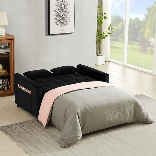 Vista 3 de Sofá cama biplaza de terciopelo convertible y moderno con cama desplegable, respaldo ajustable y 2 almohadas lumbares, para espacios pequeños