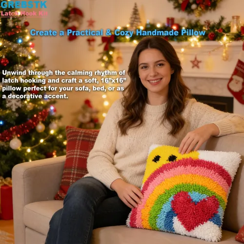 Vista 6 de GREBSTK Kit de gancho de pestillo DIY funda de almohada de sofá, cojín de sofá, patrón de sol y arcoíris, punto de cruz pintado, 16x16 pulgadas