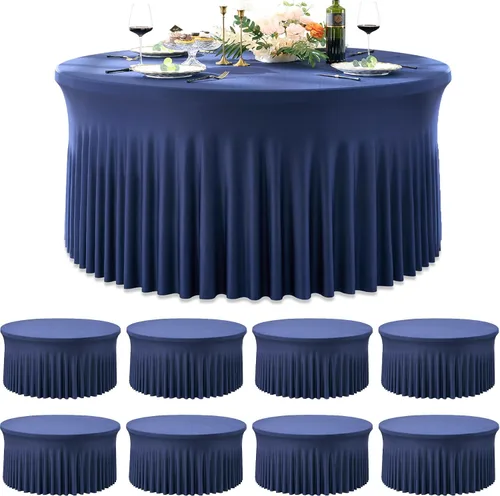 Vista 28 de Paquete de 6 manteles redondos de elastano azul bebé para mesa de 60 pulgadas, manteles elásticos de 120 pulgadas ajustables de 5 pies, manteles