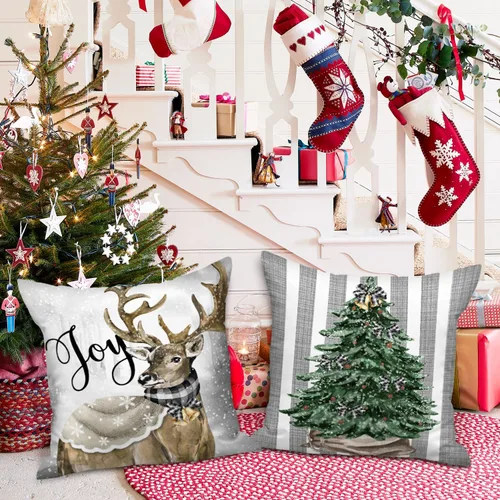 Vista 4 de Lanpn Juego de 4 fundas de almohada navideñas de invierno de 20 x 20 pulgadas, guantes de muñeco de nieve, alce, eucalipto, funda de cojín