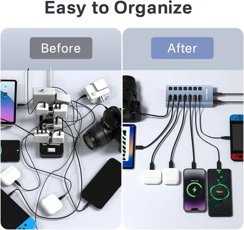 Vista 7 de Hub USB 3.2 alimentado, concentrador USB 3.2 de 7 puertos ACASIS con velocidad de datos de 10 Gbps, carcasa de aluminio, concentrador USB alimentado