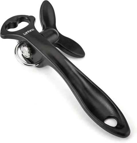 Vista 4 de Lantana Abrelatas de borde liso con elevador de tapa de botella, abrelatas de seguridad manual de mano - negro/acero inoxidable