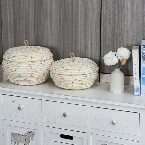 Vista 4 de Sea Team Cesta de almacenamiento redonda de cuerda de algodón con tapa, cesta de almacenamiento tejida con pompones de arcoíris coloridos, maceta