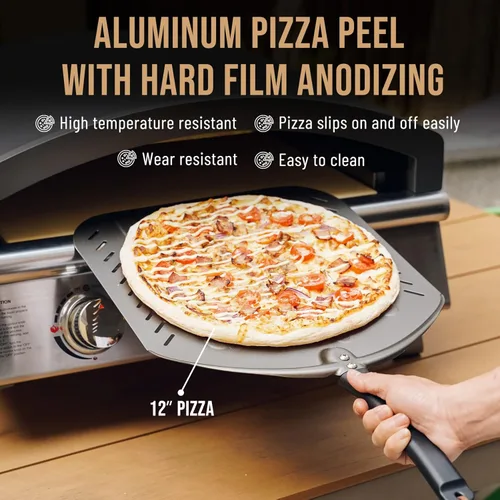 Vista 4 de Q Pizza Pala de pizza perforada de 14 pulgadas, antiadherente para torneado de pizza, accesorio para horno de pizza, espátula de metal extra grande