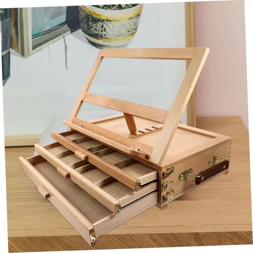 Vista 2 de TEHAUX Caballete de madera para niños, soporte de dibujo, soporte de almacenamiento, caballete de postal de madera, caballetes de mesa para pintar