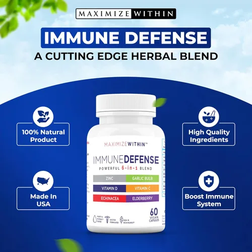 Vista 3 de Maximum Slim Potente suplemento 6 en 1 ImmuneDefense con zinc, vitamina C, saúco, vitamina D, equinácea y ajo, 60