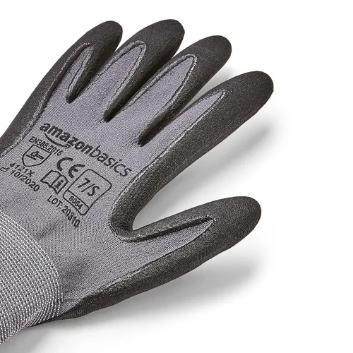 Vista 5 de Amazon Basics Guantes con revestimiento de nitrilo de microespuma, fibra de forro de nailon, pantalla táctil, gris, talla 7 (S), paquete de 6