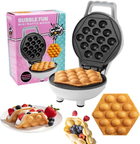 Bubble Mini Waffle Maker- Valentine Breakfast w Tiny Hong Kong Egg Style Design, 4" Individual Waffler Iron, Electric NonStick Baker w Recipes - Ice