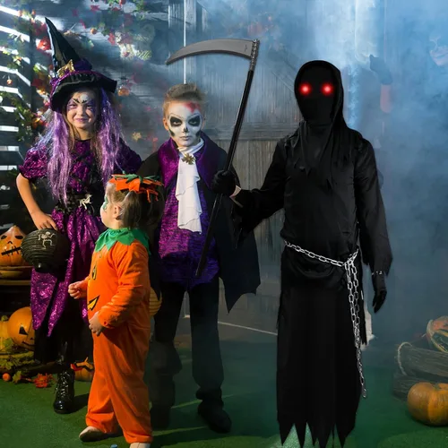 Vista 8 de GOLDGE Grim Reaper Halloween Costume with Glowing Red Eyes for Kids, Scythe Included