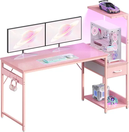 Vista 9 de Casaottima - Escritorio para juegos de 48 pulgadas con almacenamiento y luces LED, escritorio reversible para computadora con estantes de exhibición