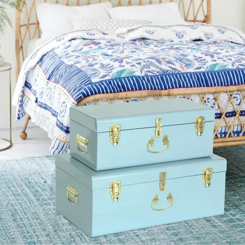 Vista 7 de Vixdonos Juego de 2 baúles de metal decorativos para almacenamiento, cofres para dormitorio universitario con asa (azul claro)