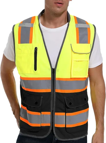 Vista 12 de Chaleco de seguridad reflectante para hombres y mujeres, chaleco de construcción de alta visibilidad, tiras reflectantes de doble tono