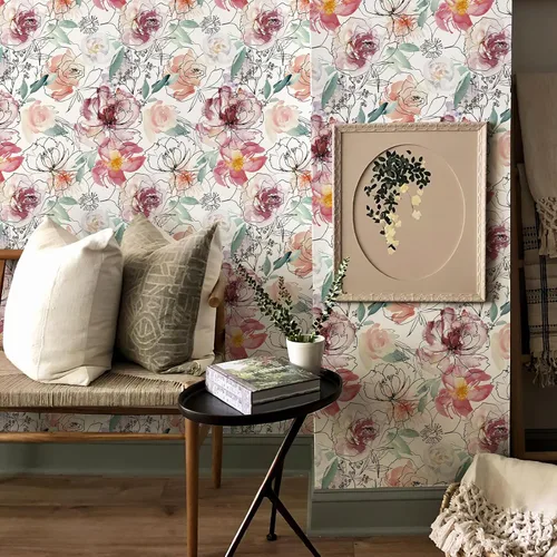 Vista 3 de JiffDiff Papel pintado floral para despegar y pegar, papel de pared de peonía rosa, papel de pared autoadhesivo para guardería, acuarela, mural