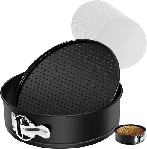 Vista 7 de MASSUGAR Springform - Paquete de 4 moldes para pasteles pequeños de 4 pulgadas con 50 forros de papel pergamino, sartén antiadherente a prueba