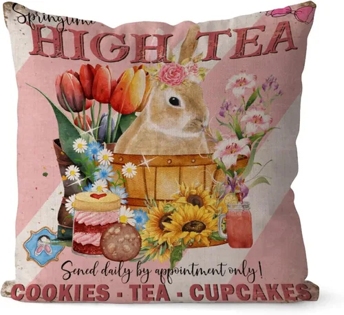 Vista 22 de Fundas de almohada vintage de conejo de Pascua, flores de primavera, huevos de Pascua, Navidad, 16 x 16 pulgadas, funda de almohada de lino