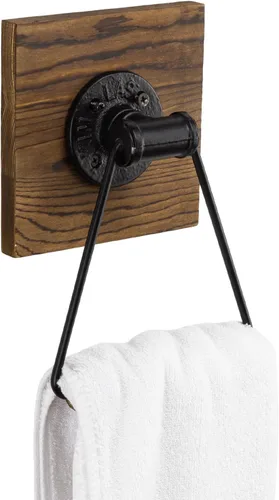 MyGift Soporte de Toalla de Mano para Baño, Anillo de Toallero de 14x22 cm para Cocina, Sala de Lavandería, Metal Industrial Negro Mate con Madera