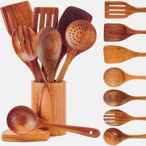 Vista 8 de Riveira Juego de 6 Utensilios de Cocina de Madera de Bambú Marrón de Calidad Premium, No Tóxicos, Resistentes al Calor, Cucharas y Espátula