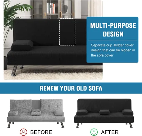 Vista 5 de H.VERSAILTEX 4 Piezas Fundas Elásticas para Futón Funda para Sofá Cama con Fundas para Reposabrazos Removibles y Portavasos Protector de Muebles